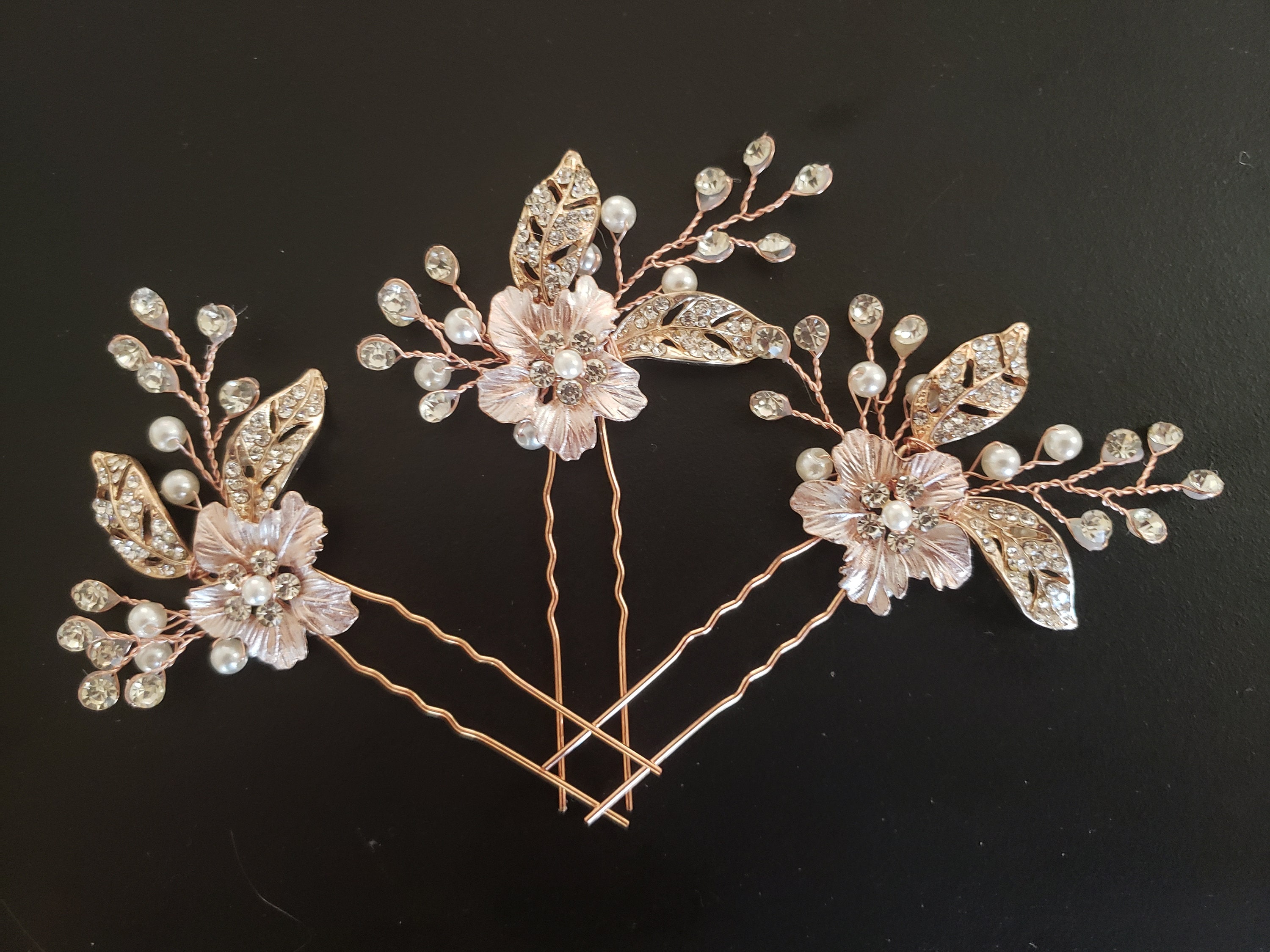 Horquillas para novia, horquillas con flores de cristal y perla, enredadera de oro rosa, accesorio para el cabello de boda de oro rosa, regalo para despedida de soltera