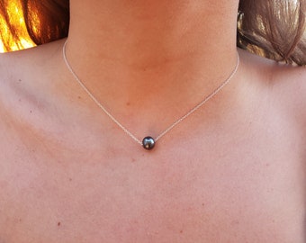 Pearl Choker, Single Black Pearl Necklace, 925 Sterling Silver Solitaire Choker, Floating Pearl Necklace, Dainty Pearl Necklace, Minimalist