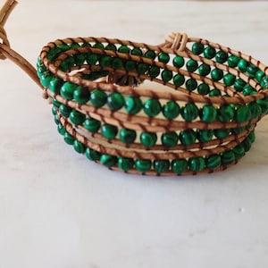 Boho Leather Malachite Gemstone Wrap Bracelet, 3 Strand Adjustable Length Malachite Brown Leather Wrap Bracelet, Malachite Bracelet