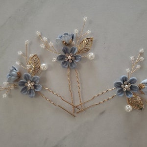 Bridal Hair Pins Pearl Crystal Flower Wedding Hair Pin Hair Jewelry Hair Vine Wedding Hair Accessory Blue and Gold Hair Piece Something Blue Periwinkle Blue