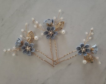 Bridal Hair Pins Pearl Crystal Flower Wedding Hair Pin Hair Jewelry Hair Vine Wedding Hair Accessory Blue and Gold Hair Piece Something Blue