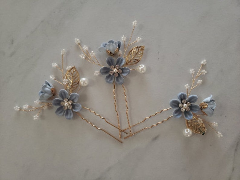 Bridal Hair Pins Pearl Crystal Flower Wedding Hair Pin Hair Jewelry Hair Vine Wedding Hair Accessory Blue and Gold Hair Piece Something Blue Periwinkle Blue