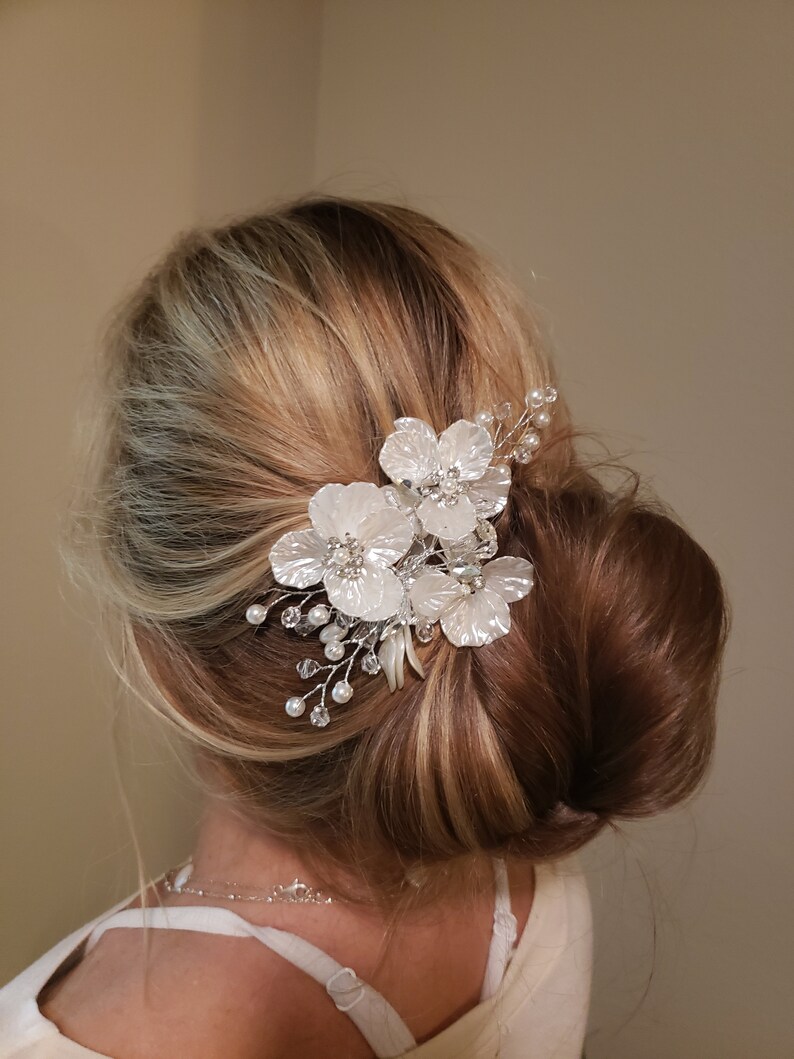Bridal Hair Clip Pearl White Flower Crystal Wedding Hair Etsy