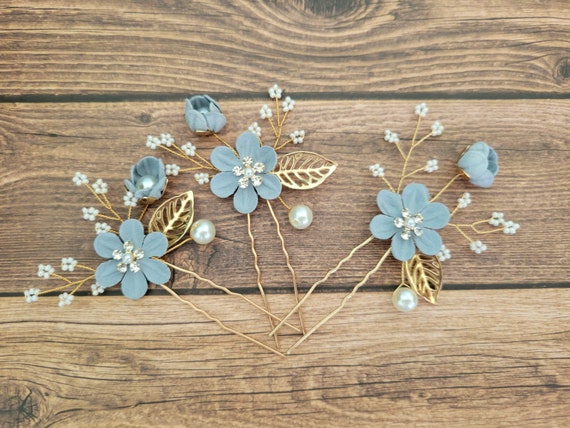 Blue Crystal flower hair pin Blue Floral Swarovski Hair Pin Aurora Borealis Flower Clip  main image 2