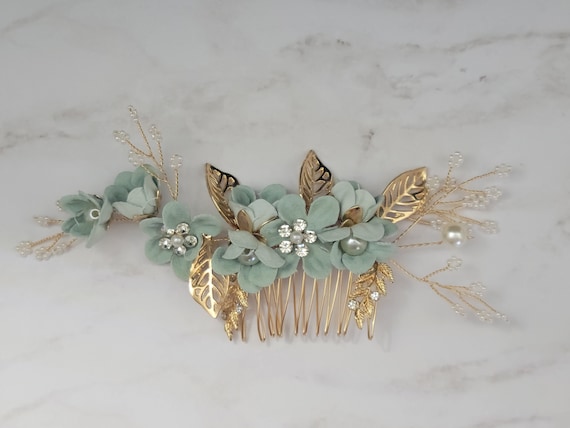 Green Flower Wedding Hair Comb: Gold Leaf Bridal Hairpiece  display picture 3