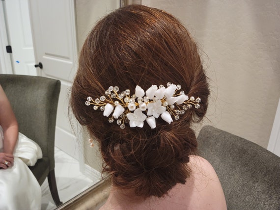 Handmade Wedding Hair Comb & Pins Set with Crystals & Ceramic Flowers Wedding Hair Accessories Gold Ceramic Flowers Bridal Hair  main image 2