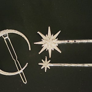 Bridal Hair Pins,  Celestial Moon and Stars Hair Pins and Clip, Hair Jewelry Hair Vine Wedding Hair Accessory, Crystal and Silver Hair Pins