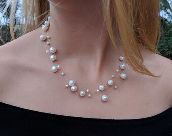 Illusion Floating Pearl Statement Choker Necklace 15" 2" extension chain 47i 