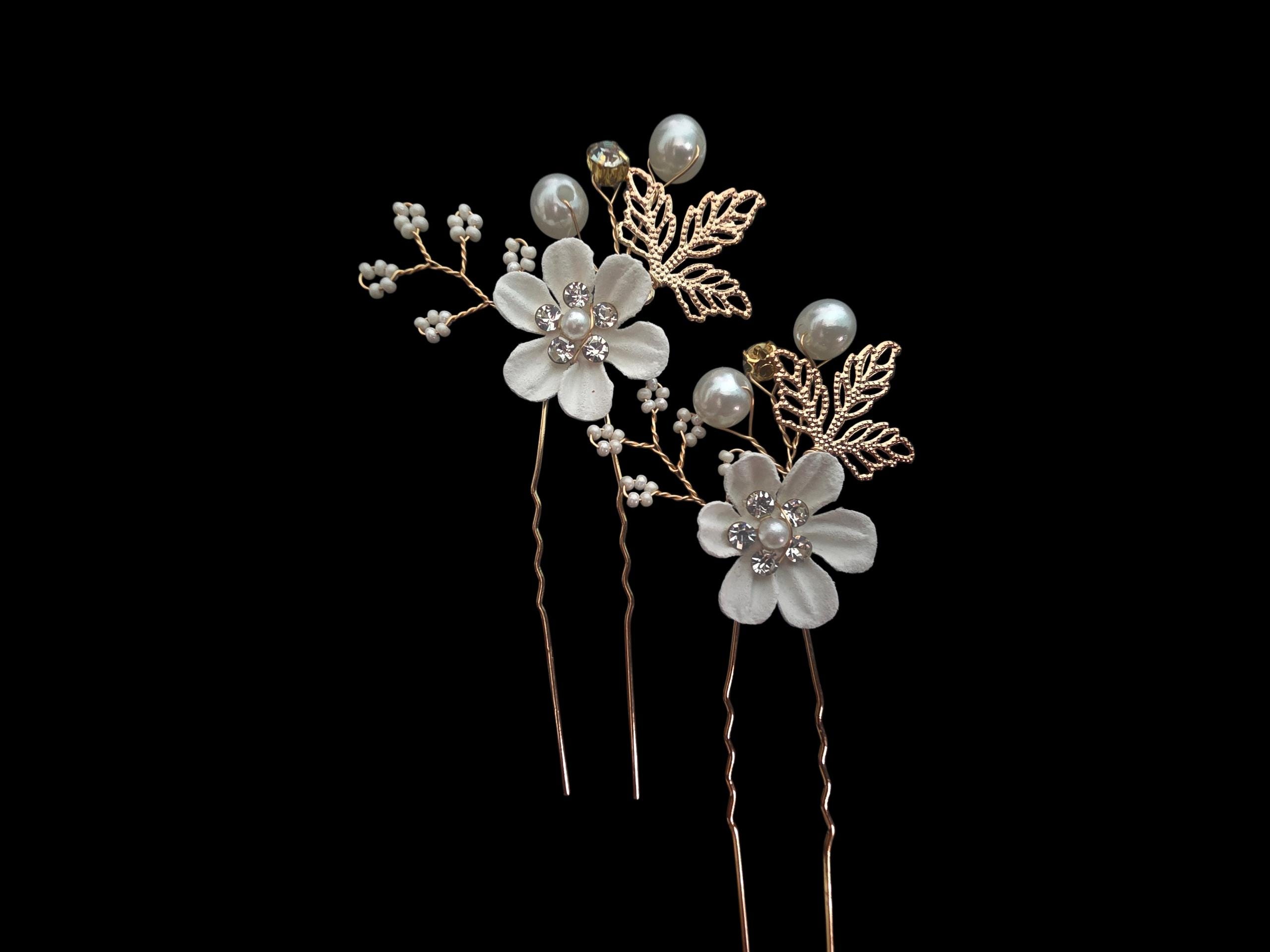 Pearl Flower Bridal Hair Pins, White and Gold Wedding Hair 