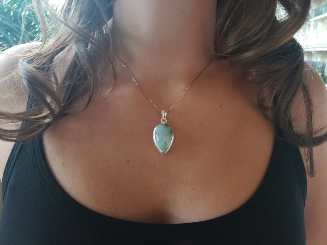 Larimar Pendant Necklace, 925 Sterling Silver Italian Chain, Large Blue ...
