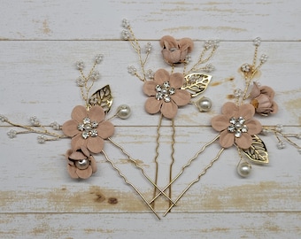 Dusty Pink Flower Hair Pin, Pearl Crystal Wedding Hair Accessory