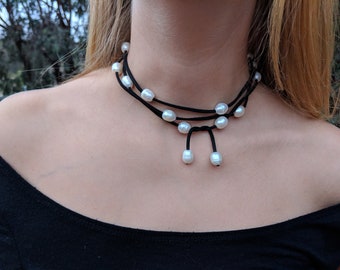 Long White Freshwater Pearl and Black Leather Lariat Necklace, Y Necklace, Choker, Wrap Bracelet, Anklet - Free Shipping