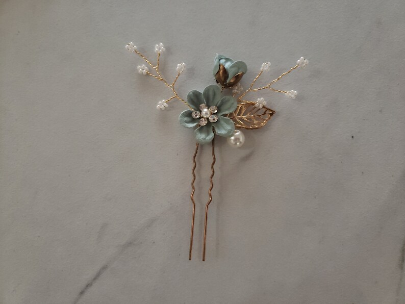 Pearl Crystal Flower Wedding Hair Pins Bridal Hair Pins Hair Jewelry Hair Vine Wedding Hair Accessory,Sea Foam Green and Gold Hair Pieces