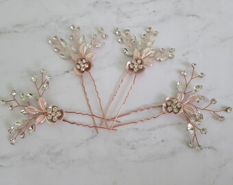 Crystal Pearl Flower Hair Pins, Rose Gold Bridal Hair Accessory