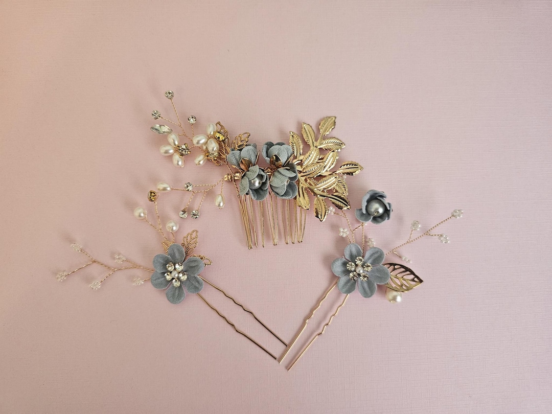 Pearl Flower Wedding Hair Pins & Comb Set, Something Blue  display picture 1