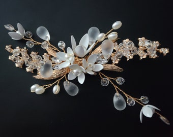 Wedding Hair Clip Pearl Crystal Comb Flower Wedding Hair Pin Hair Jewelry Hair Vine Wedding Hair Accessory Rose Gold Bridal Hair Clip Gift