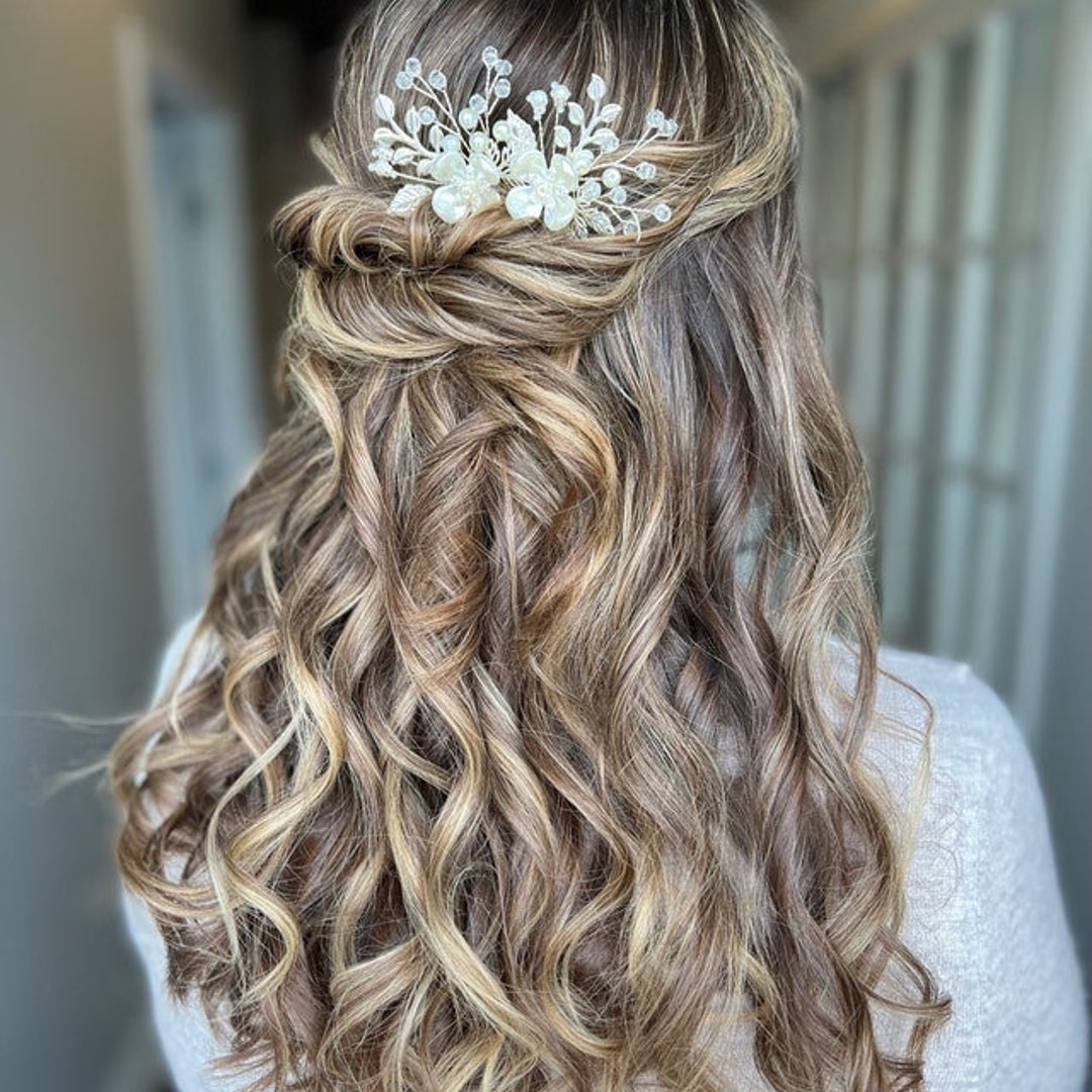 Handmade Pearl Floral Bridal Hair Pin Set, Iridescent Crystal Leaf Wedding Headp Billbianc Pearl Bride Wedding Hair Pins, Leaf Bridal Head  main image 2