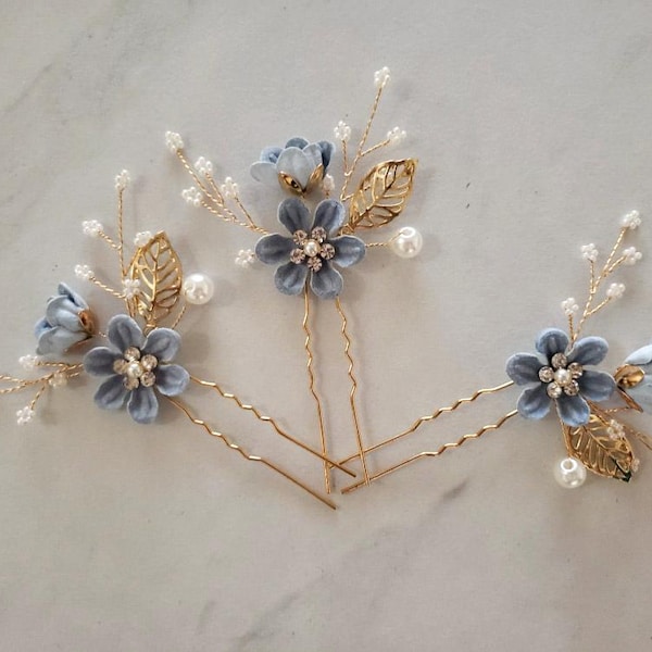 Bridal Hair Pins, Crystal Pearl Blue Flower Wedding Accessory