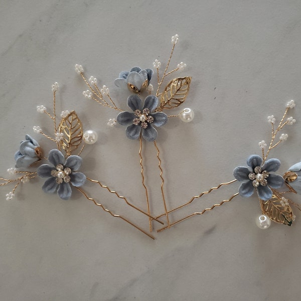 Bridal Hair Pins, Pearl Crystal Flower Wedding Hair Pins, Hair Jewelry Hair Vine Wedding Hair Accessory, Periwinkle Blue and Gold Hair Piece