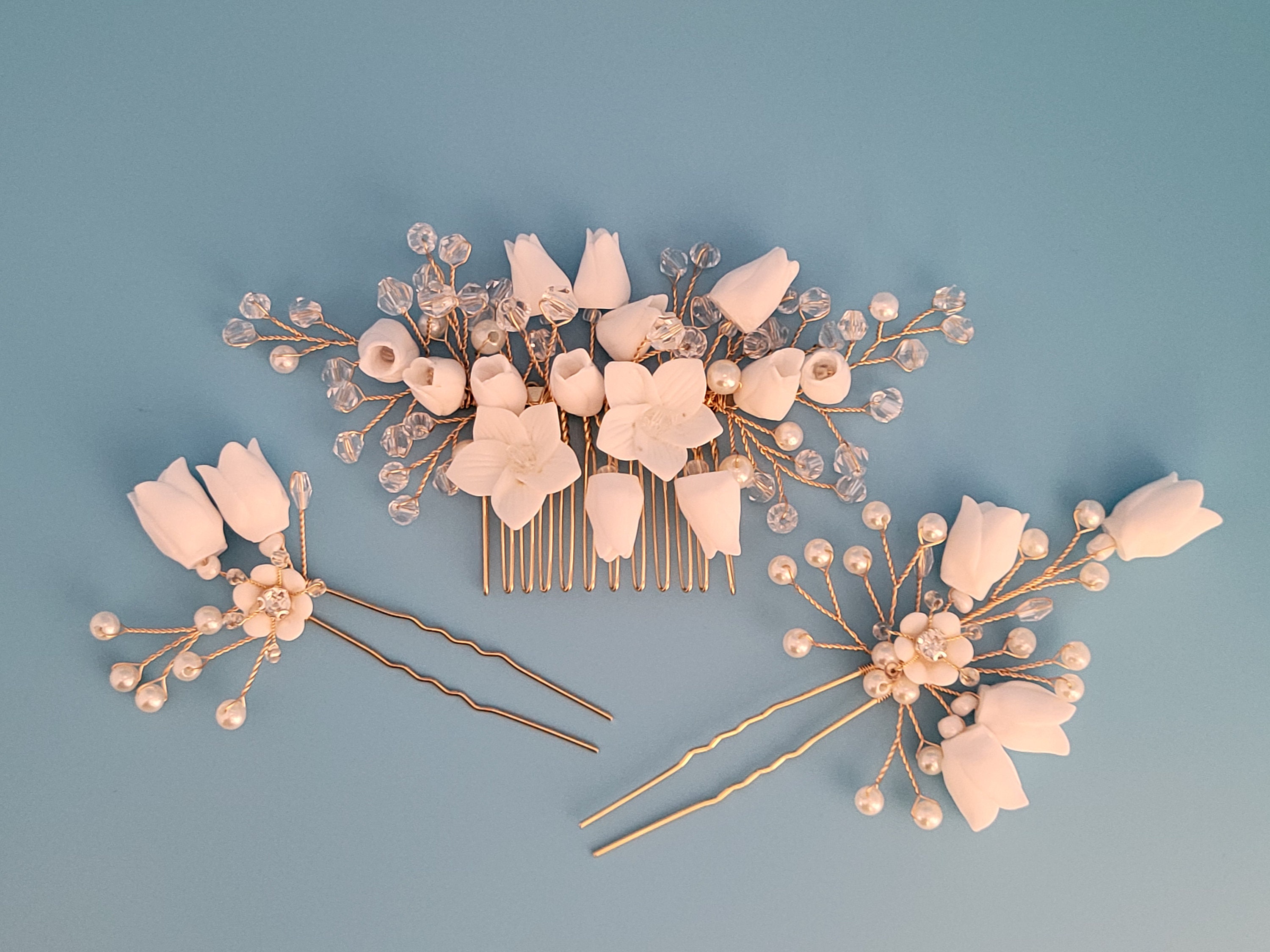 Bridal Hair Comb or Pin: Ceramic Flowers, Pearl & Crystal  display picture 2
