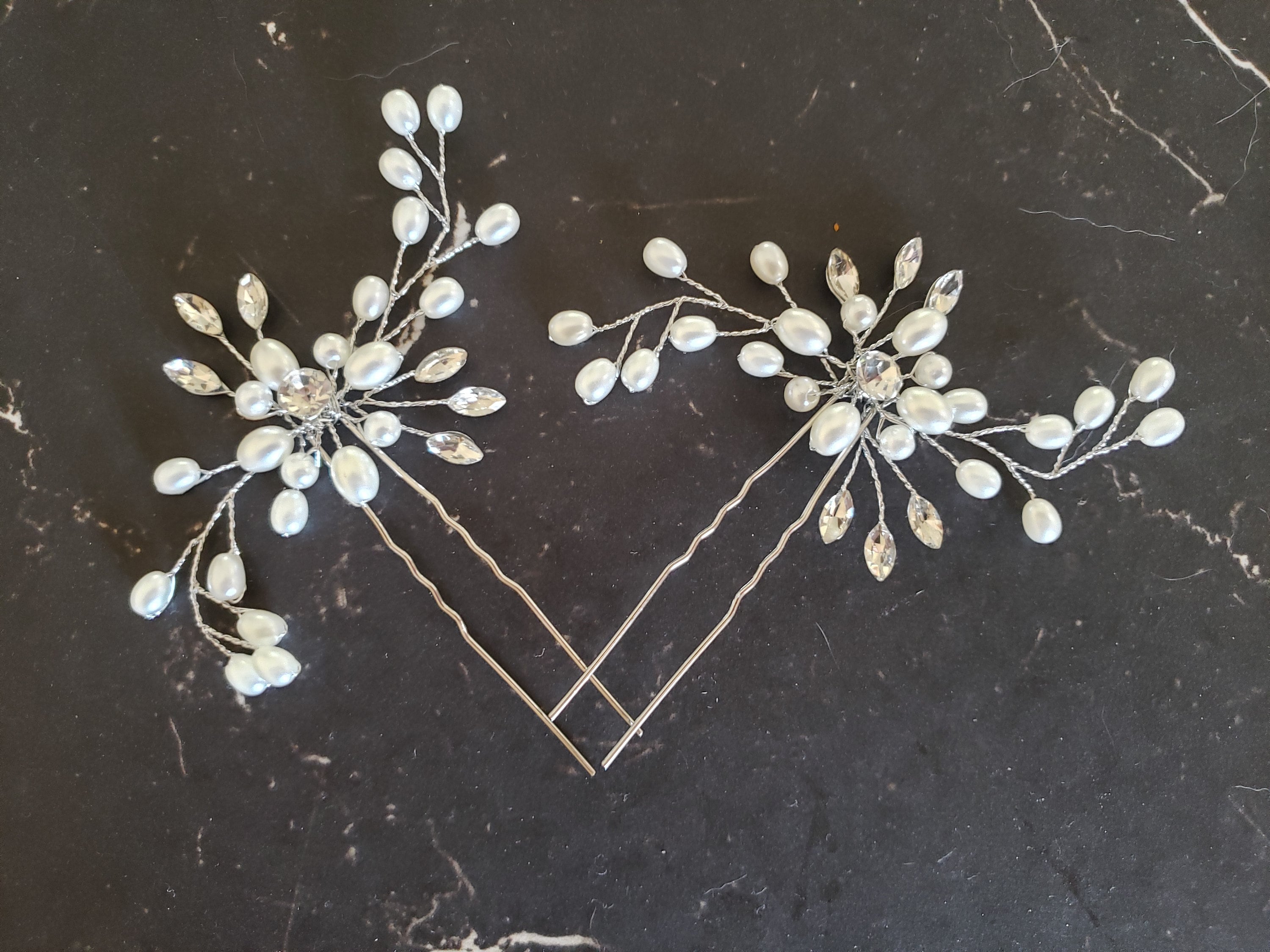Crystal Pearl Bridal Hair Pin, Silver Flower Wedding Hair 