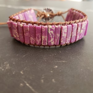 Boho Leather Lavender Jasper Stone Wrap Bracelet with Tube Beads, Adjustable Length Jasper with Brown Leather Gemstone Bracelet