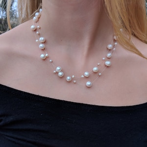 Freshwater Pearl Necklace, Illusion Necklace, 18, White Real Pearls, Multi-Strand Necklace, Bridesmaid Necklace, Floating Pearl Necklace White Necklace