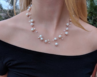 Freshwater Pearl Necklace, Illusion Necklace, 18", White Real Pearls, Multi-Strand Necklace, Bridesmaid Necklace, Floating Pearl Necklace