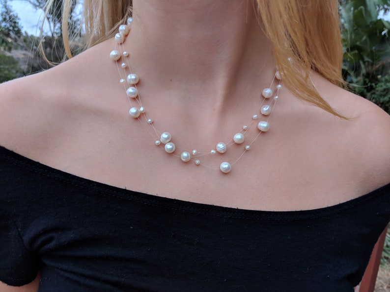 Freshwater Pearl Necklace, Illusion Necklace, 18, White Real Pearls, Multi-Strand Necklace, Bridesmaid Necklace, Floating Pearl Necklace White Necklace