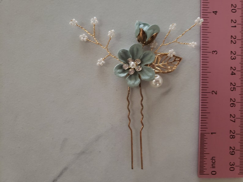 Pearl Crystal Flower Wedding Hair Pins Bridal Hair Pins Hair Jewelry Hair Vine Wedding Hair Accessory,Sea Foam Green and Gold Hair Pieces