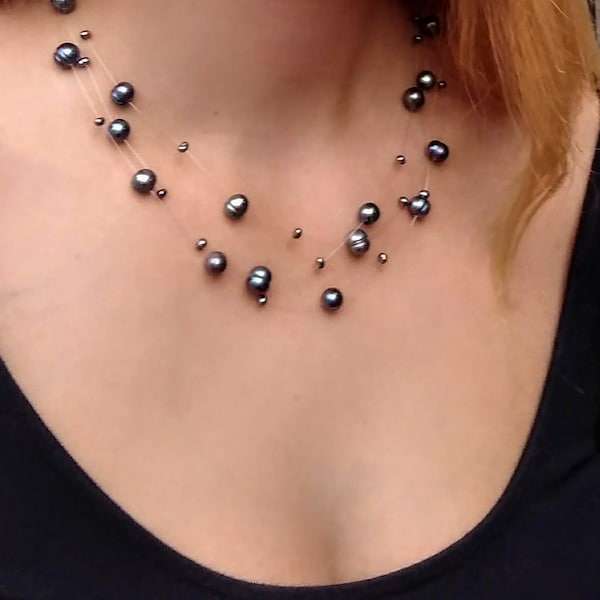 Black Peacock Pearl Illusion Necklace, Sterling Silver Clasp