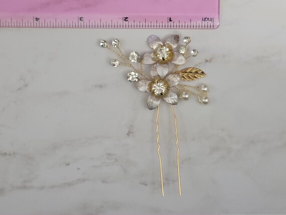 NEW 3x Floral Flower Crystal Gold Hair pin wedding Gold Flower Hair Pins: Crystal Bridal Hair Accessory, Set of  main image 4