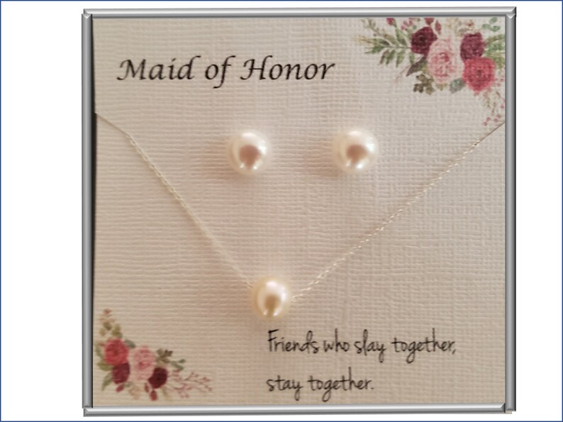Maid of Honor Gift Pearl Necklace with Pearl Stud Earrings Gift Set Wedding Jewelry Pearl Necklace /& Earrings Set MOH Gift