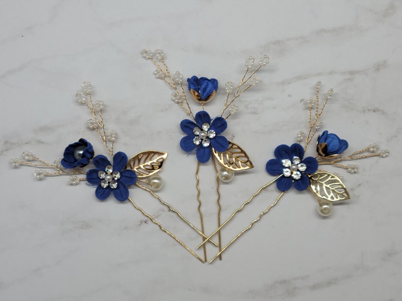 Bridal Hair Pins Pearl Crystal Flower Wedding Hair Pin Hair Jewelry Hair Vine Wedding Hair Accessory Blue and Gold Hair Piece Something Blue Royal Blue