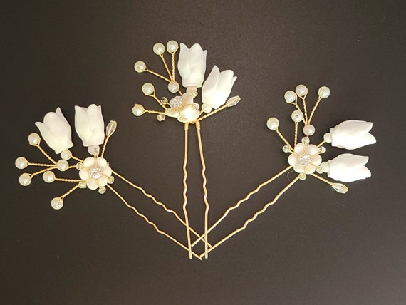 Bridal Hair Pin: Creamy White Ceramic Flower, Pearl  display picture 1