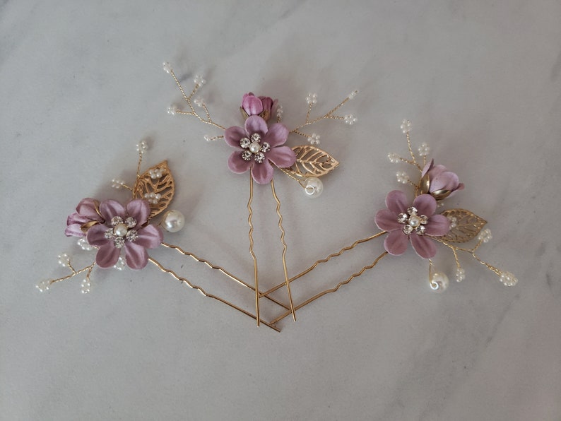 Bridal Hair Pins Pearl Crystal Flower Wedding Hair Pin Hair Jewelry Hair Vine Wedding Hair Accessory Blue and Gold Hair Piece Something Blue Lavender