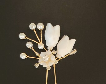 Bridal Hair Comb or Pin: Ceramic Flowers, Pearl & Crystal  display picture 1