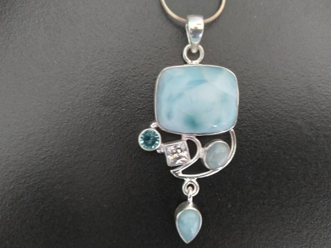 Boucles D'oreilles En Argent Avec Topaze Bleue, Rhodonite Et Larimar - Neuves Sans Emballage