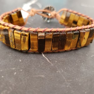 Boho Leather Tigers Eye Stone Wrap Bracelet with Tube Beads, Adjustable Length Jasper with Brown Leather Gemstone Bracelet