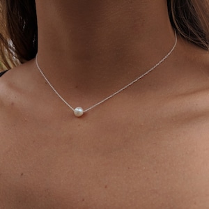 Pearl Necklace, Single Pearl Choker, 925 Sterling Silver Solitaire Choker, Floating Pearl Necklace