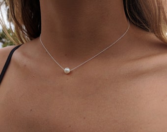 Pearl Necklace, Single Pearl Choker, 925 Sterling Silver Solitaire Choker, Floating Pearl Necklace