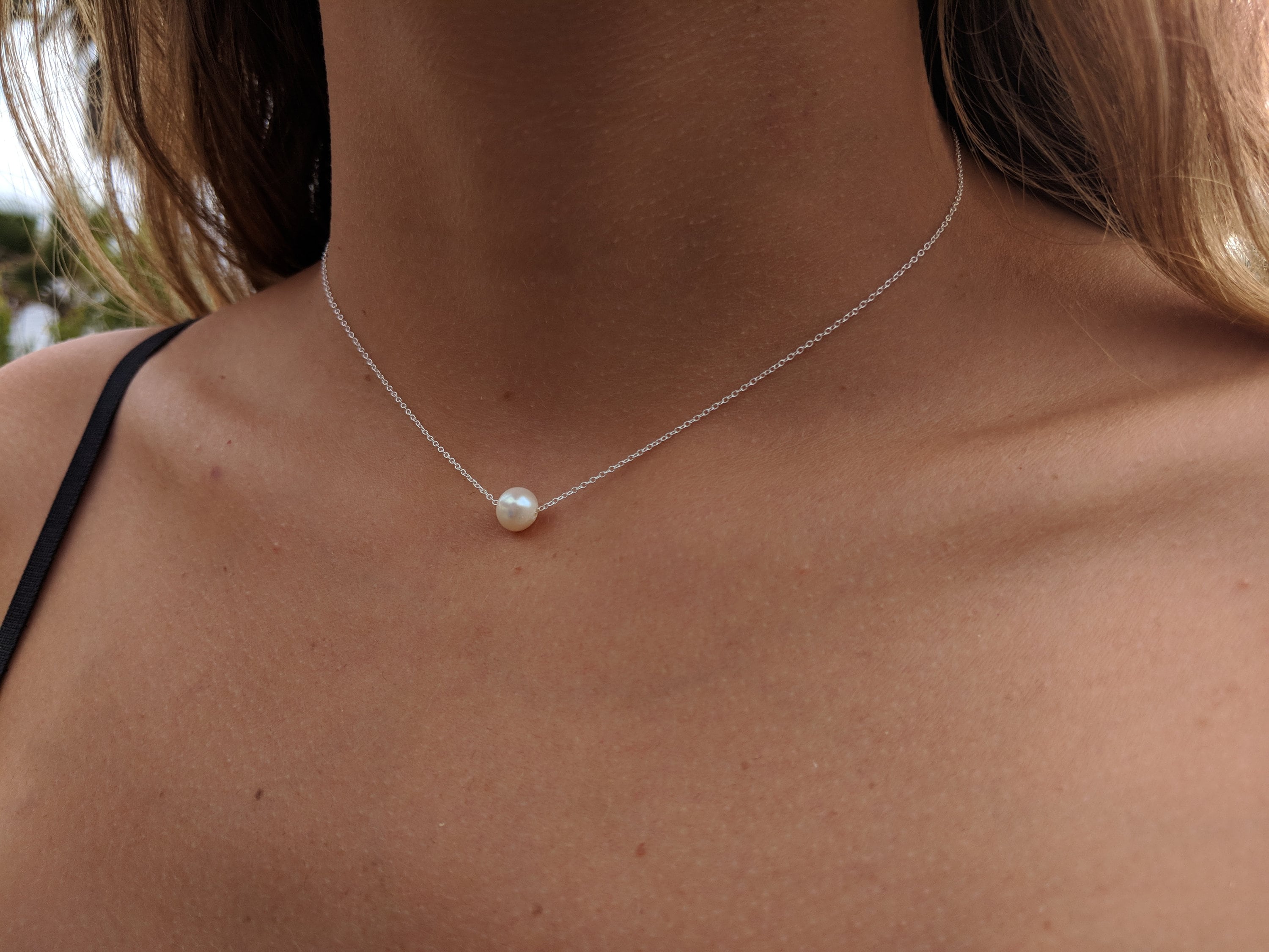 Details about   Floating Pearl Necklace Single Pearl Necklace 925 Sterling Silver