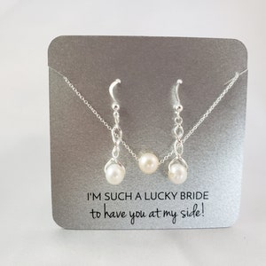 Bridesmaid or Flower Girl Gift, Pearl Necklace & Dangle Earrings Set, Single Pearl Choker, 925 Sterling Silver, Bridesmaid Card, Real Pearls