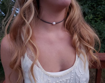 Leather & Pearl Choker White Freshwater Pearl and Black Suede Lariat Infinity Necklace  Bracelet Anklet Adjustable Boho Summer Jewelry