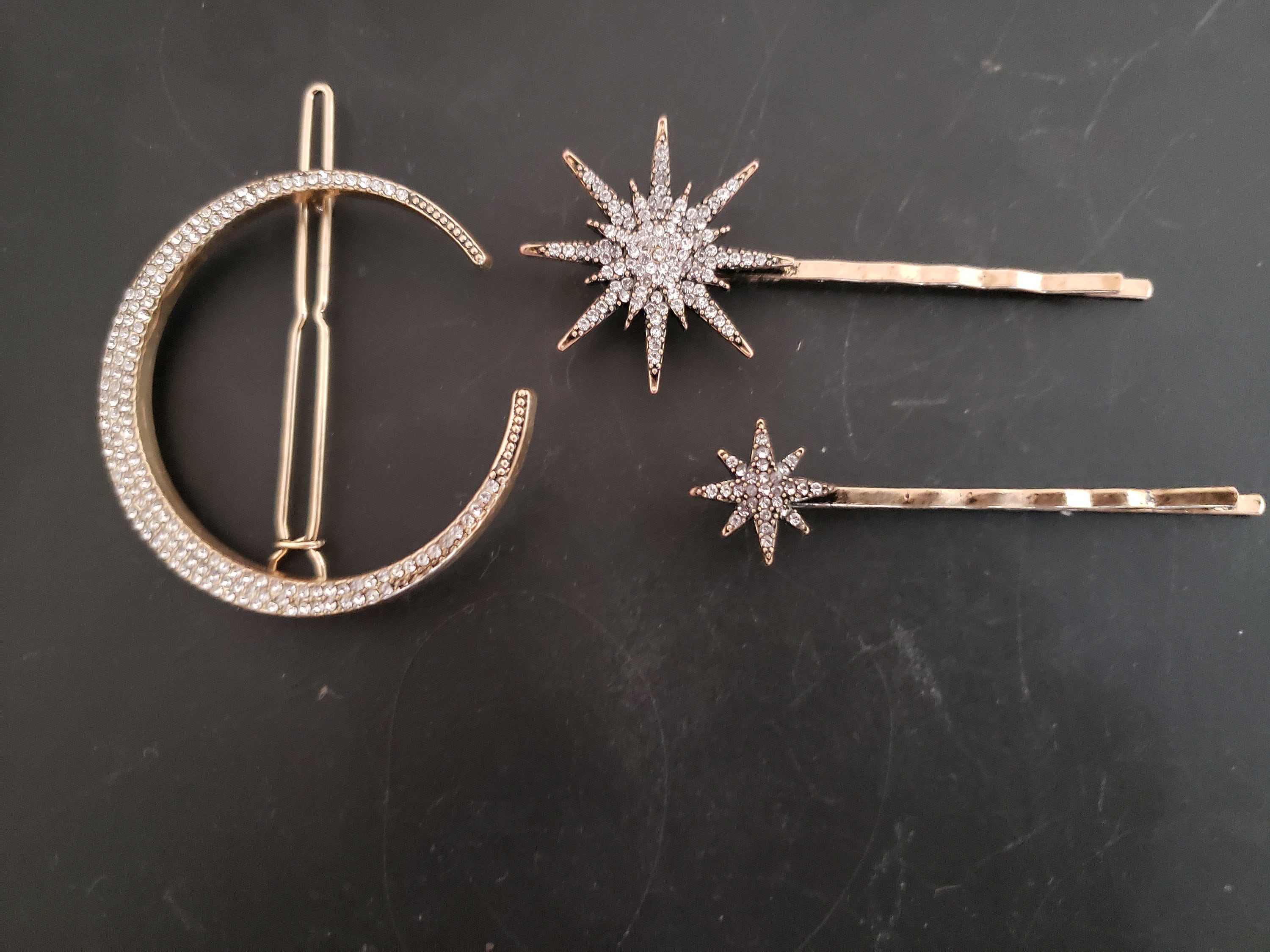 Bridal Hair Pin Celestial Moon Star Hair Pin Clip Hair Jewelry Vintage Style  Wedding Hair Accessory Crystal and Silver Hair Pin Halloween