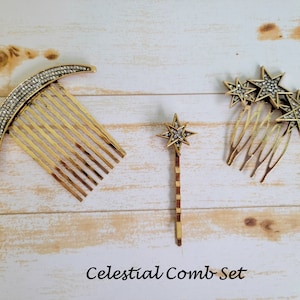 Celestial Moon and Stars Hair Combs, Star Hair Pin, Bride Hair Clip, Crystal Celestial Wedding Hair Accessory, Rhinestone Vintage Hair Comb