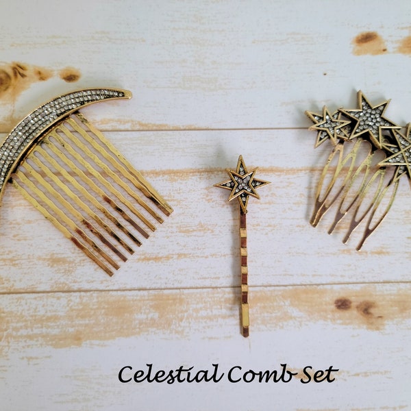 Celestial Moon and Stars Hair Combs, Star Hair Pin, Bride Hair Clip, Crystal Celestial Wedding Hair Accessory, Rhinestone Vintage Hair Comb