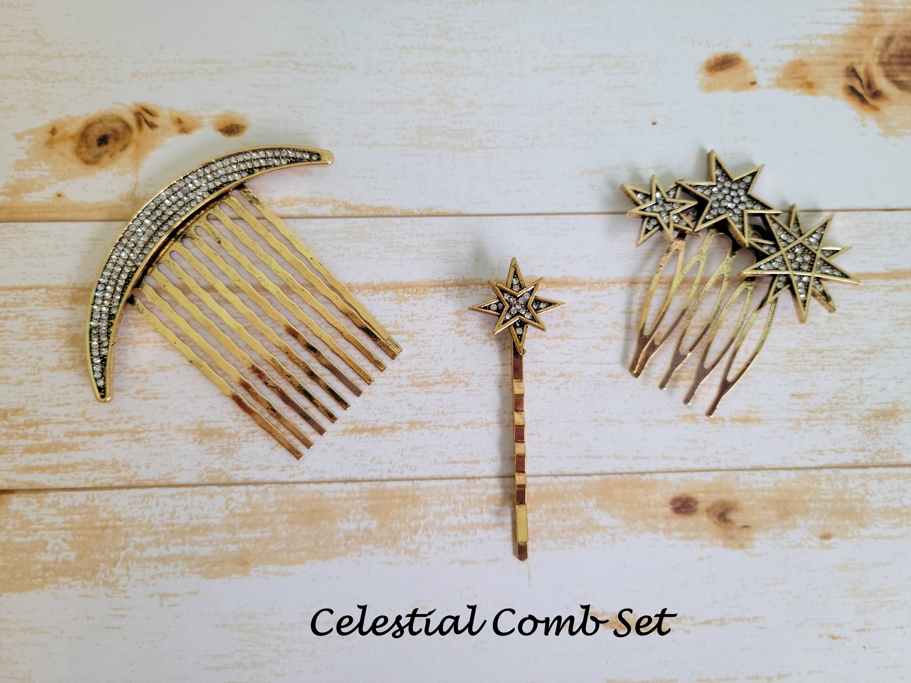 Crystal Celestial Hair Comb, Moon and Stars Bridal Hair Pin 