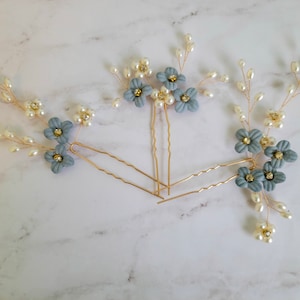 Bride Hair Pin Pearl Crystal Flower Wedding Hairpin Hair Bridesmaid Gift Hair Clip Wedding Hair Accessory Something Blue and Gold Hair Clip