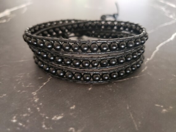 Black Onyx Stone Bracelet Boho Leather Wrap 3 Strand Wrap | Etsy